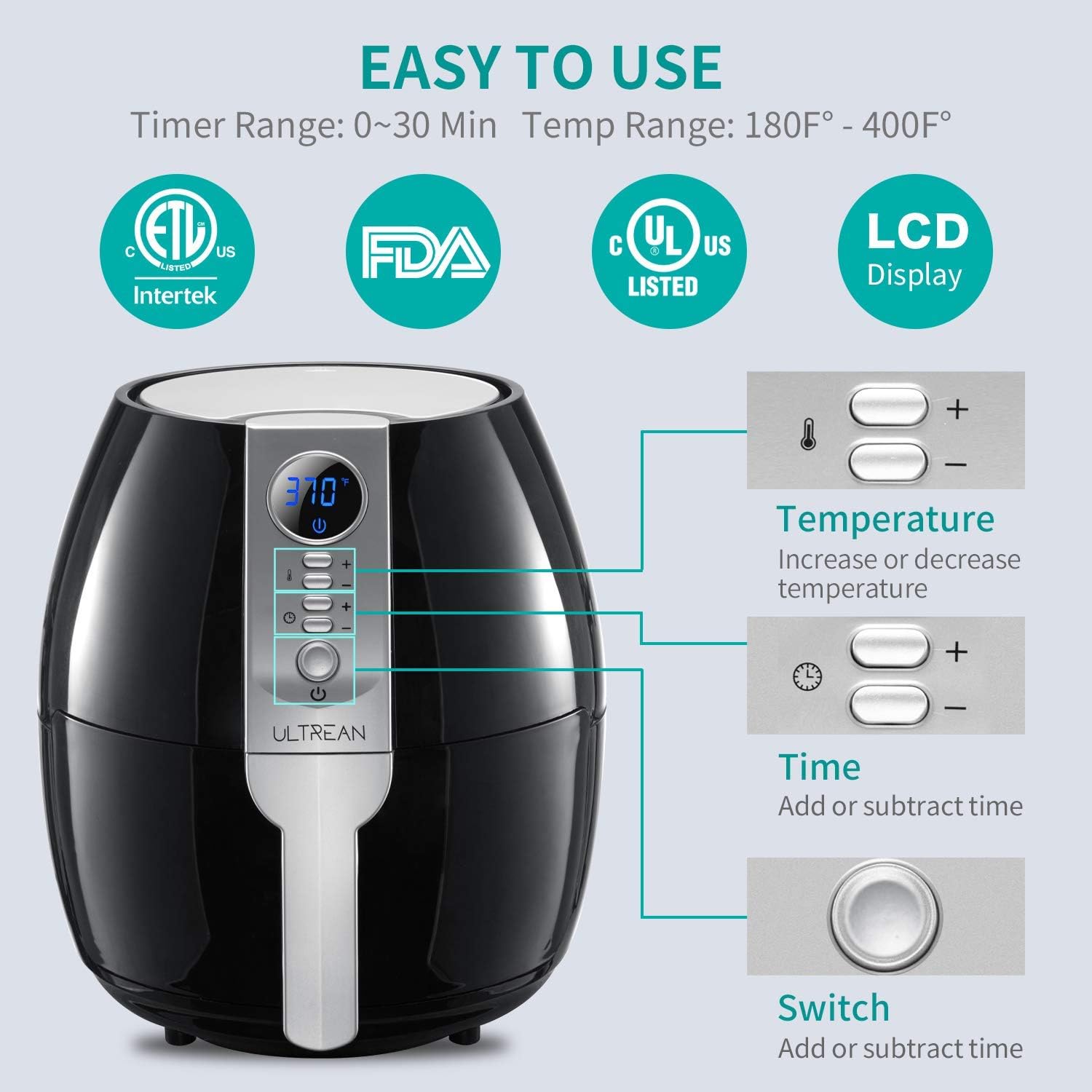 Ultrean Air Fryer, 4.2 Quart (4 Liter) Electric Hot Air Fryers Oven Oilless Cooker with LCD Digital Screen and Nonstick Frying Pot, ETL/UL Certified,1-Year Warranty,1500W (Black): Kitchen & Dining
