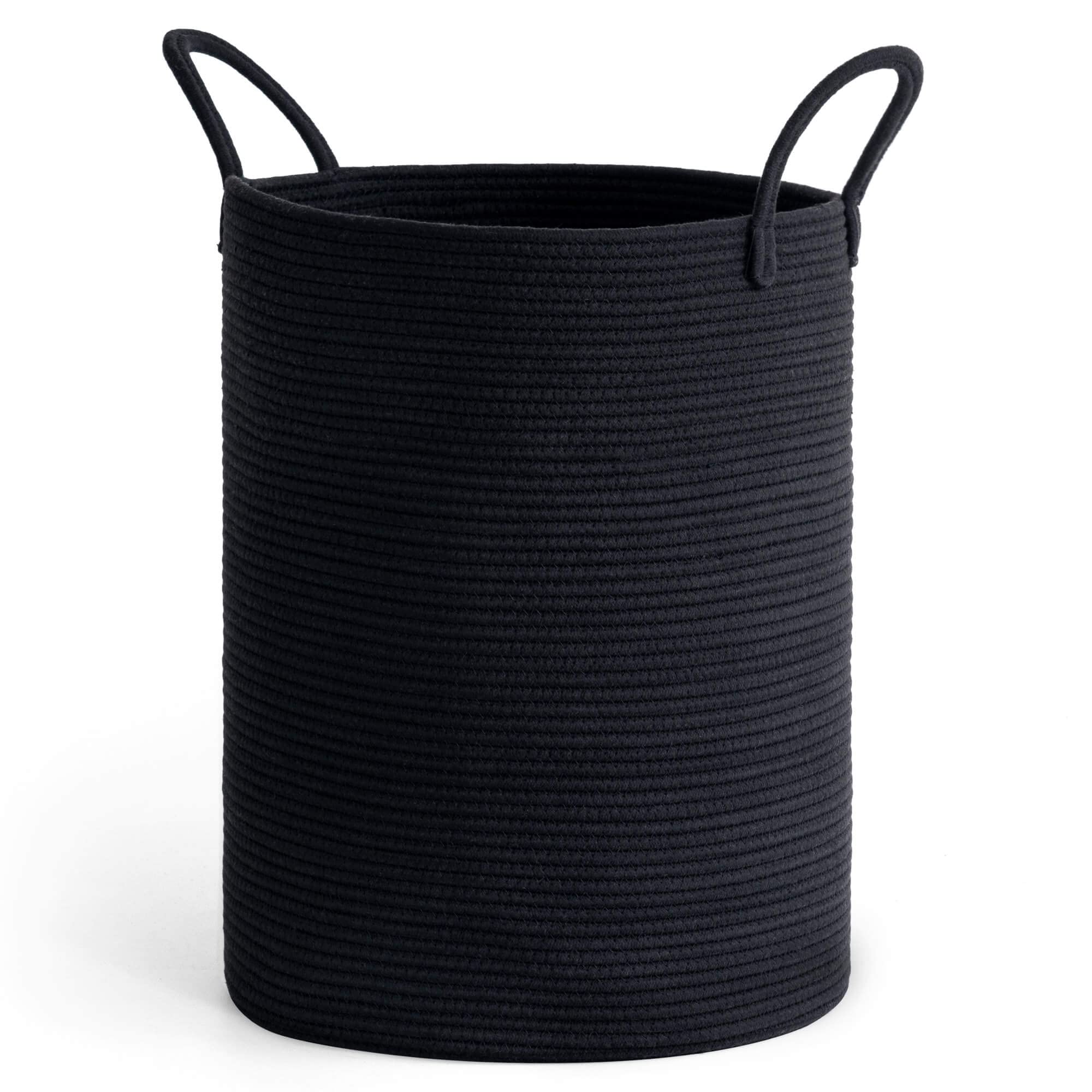 TIMEYARD Laundry Basket, Washing Basket, Large Hamper, Tall Woven Rope Storage Baskets for Towels Toys Dirty Clothes, Blanket Baskets in Living Room, Bathroom, Laundry Room W38xH51cm, Black, 58L