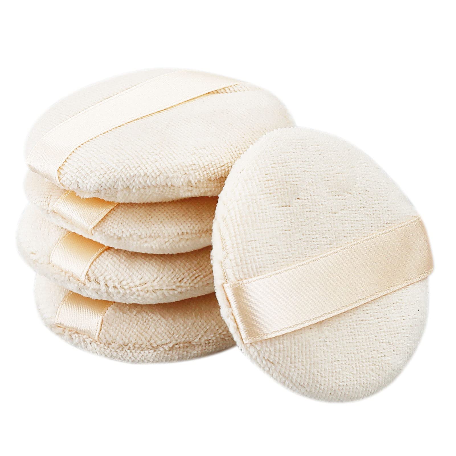 Loose Powder Puff 5 Pieces Round Soft Sponge Face Makeup Compact Body Container Setting Pressed Blending Foundation Cream Make Up Ribbon Strap Sponge Cushion Applicator (Beige)