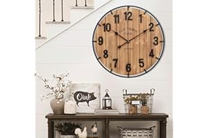 EMAX HOME Large Old Town Farmhouse Wall Clock 24 Inch Rustic Antique Wood with Metal Circle and Large Numerals Silent Battery Operated Wall Clock for Office Kitchen Bedroom Living Room