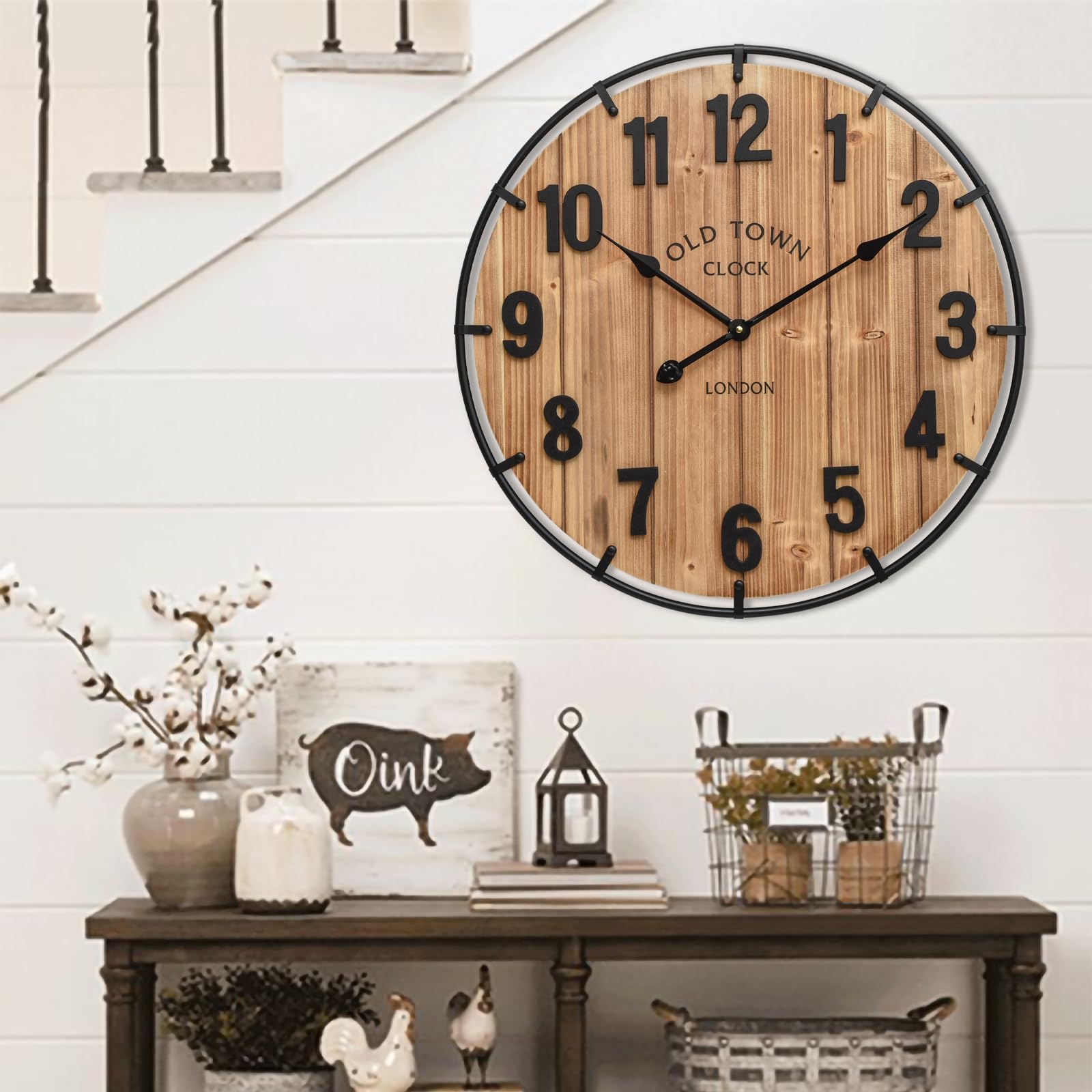 Photo 1 of EMAX HOME Large Old Town Farmhouse Wall Clock 24 Inch Rustic Antique Wood with Metal Circle and Large Numerals Silent Battery Operated Wall Clock for Office Kitchen Bedroom Living Room