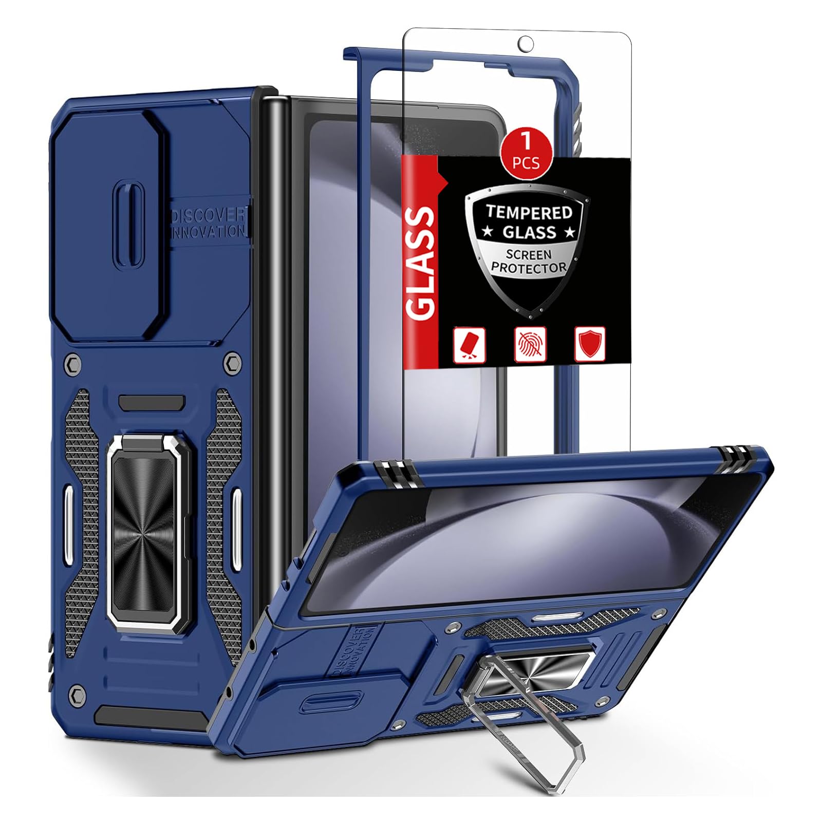 Photo 1 of FRLMOOES for Samsung Galaxy Z Fold5 Case with Screen Protector,Built-in Slide Camera Cover+360°Stand Ring for Z Fold 5 Case Shockproof Anti-Scratch Military-Grade Drop Heavy Duty Protection Dark Blue
