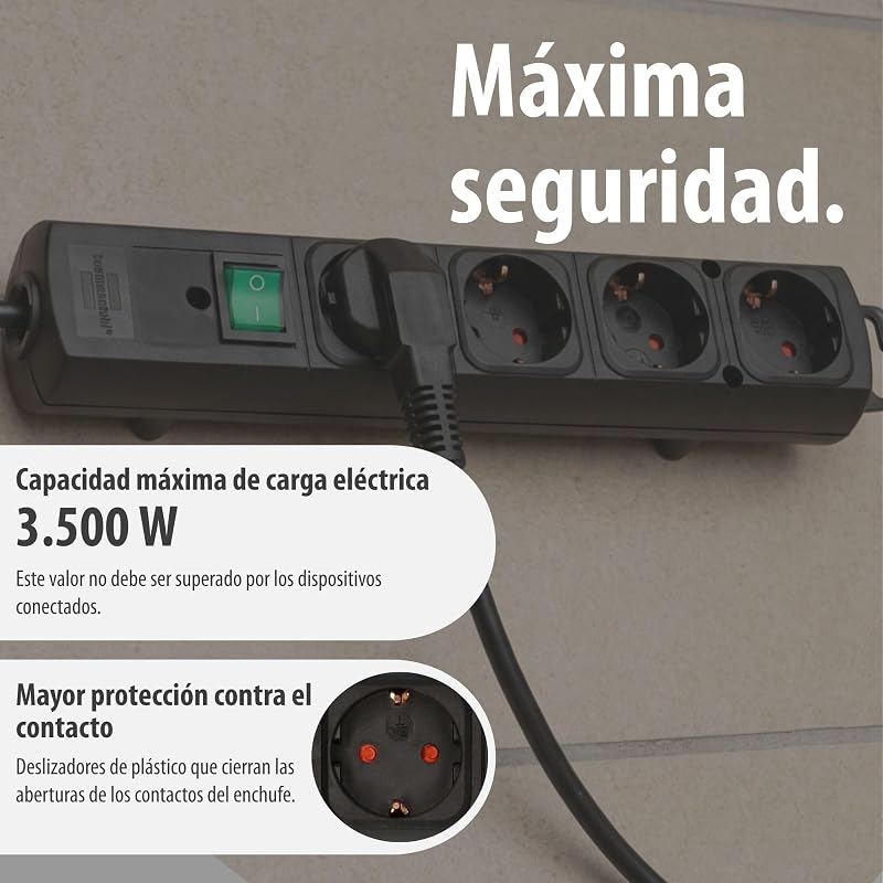 Comfort Line regleta de enchufes con 4 Tomas de Corriente para Montaje (Cable de 2 m, Interruptor Iluminado, montable, Enchufe Plano) Negro