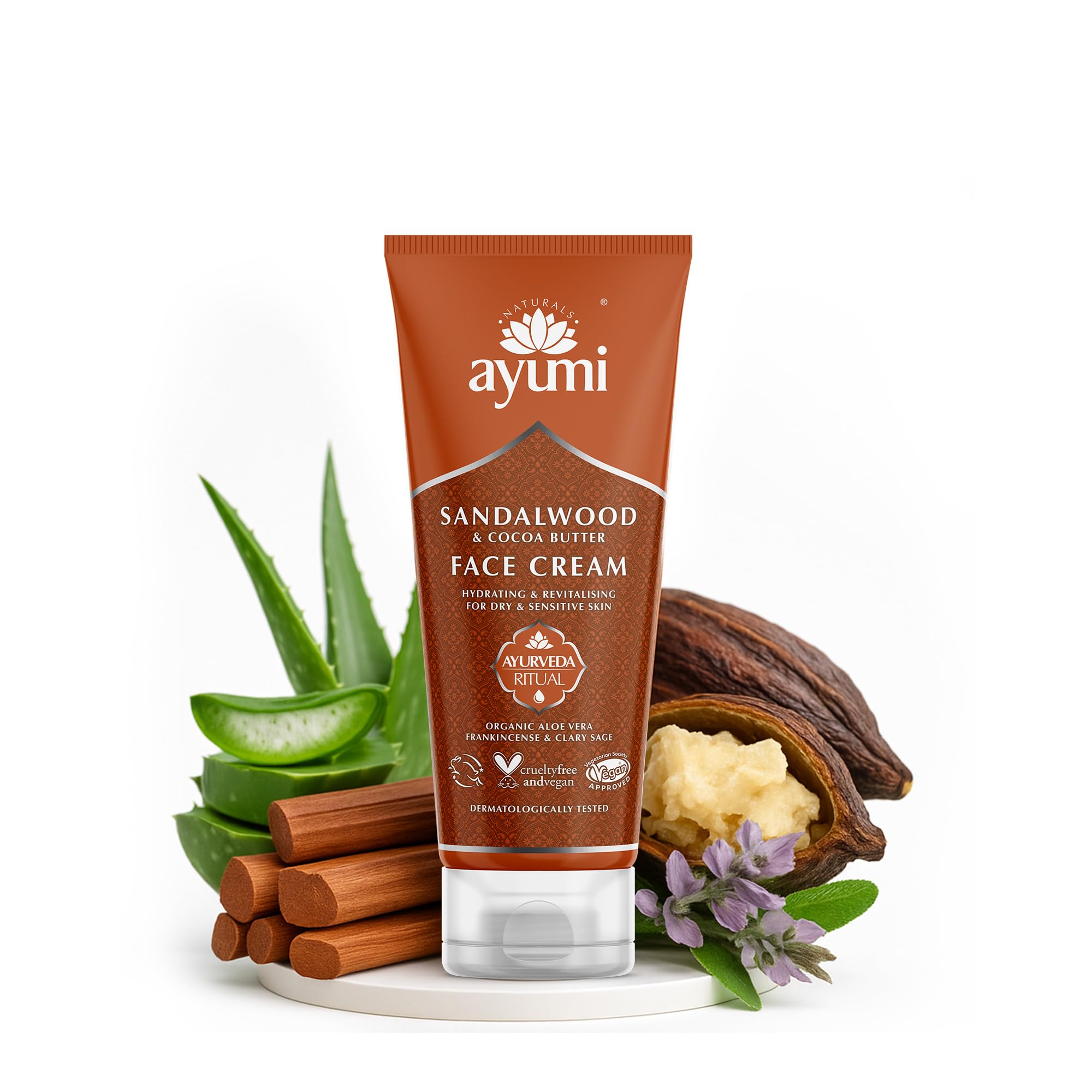 Ayumi Sandalwood & Cocoa Butter Face Cream | Aloe vera Face Moisturiser for Dry Skin | Moisturising Cream to Soothe Irritation|Aromatic Cream with Lavender Oil |Face Moisturiser for Men & Women|100 ml — image 1
