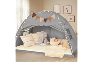 Lanabuna Twin Size Bed Tent Canopy, Kids Play Tent with Flags & Star Lights, Canopy on Bed Privacy Space Sleeping Blackout Tents, Grey Castle Style