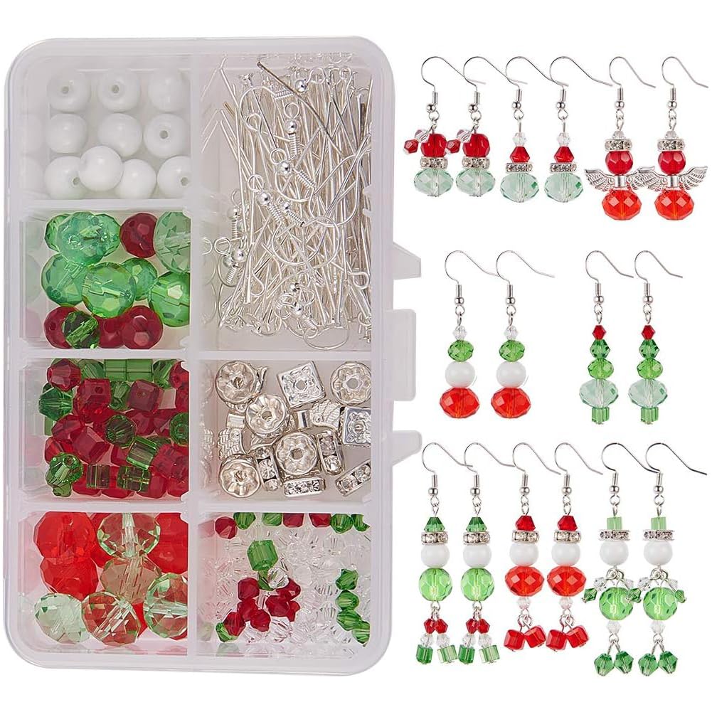 SUNNYCLUE 1 Box DIY Make 8 Pairs Christmas Crystal Bead Dangle Earring Making Kits White Snowman Red Angel Glass Bead Xmas Tree Dangle Earrings Jewelry Making Supplies for Women Beginners — image 1