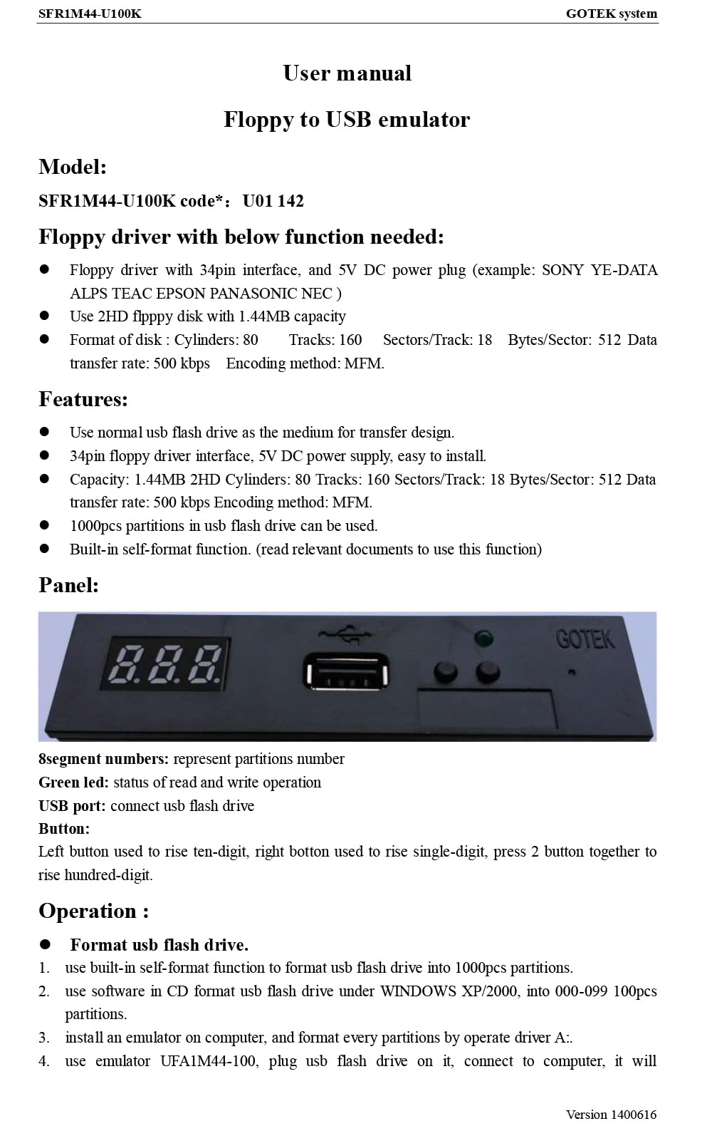 GoTEK SFR1M44-U100 3.5 Inch 1.44MB USB SSD Floppy Drive Emulator Black