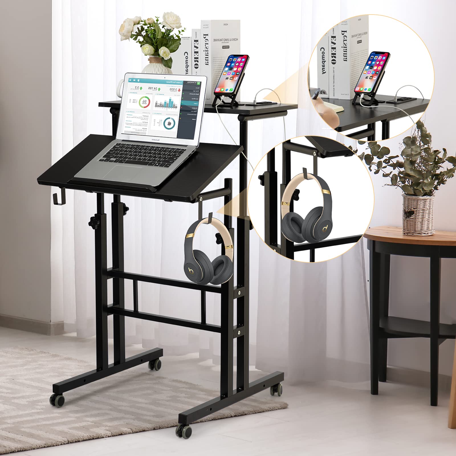 SIDUCAL Mobile Stand Up Desk – Adjustable Height Laptop Cart With USB Ports & Outlets, Rolling Workstation (Rustic Brown)