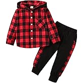 ODIMAME Toddler Boy Clothes Fall Winter Outfits Plaid Pocket Hoodie Sweatshirt + Long Sleeve Pants Set 12 Months-6 Years Old
