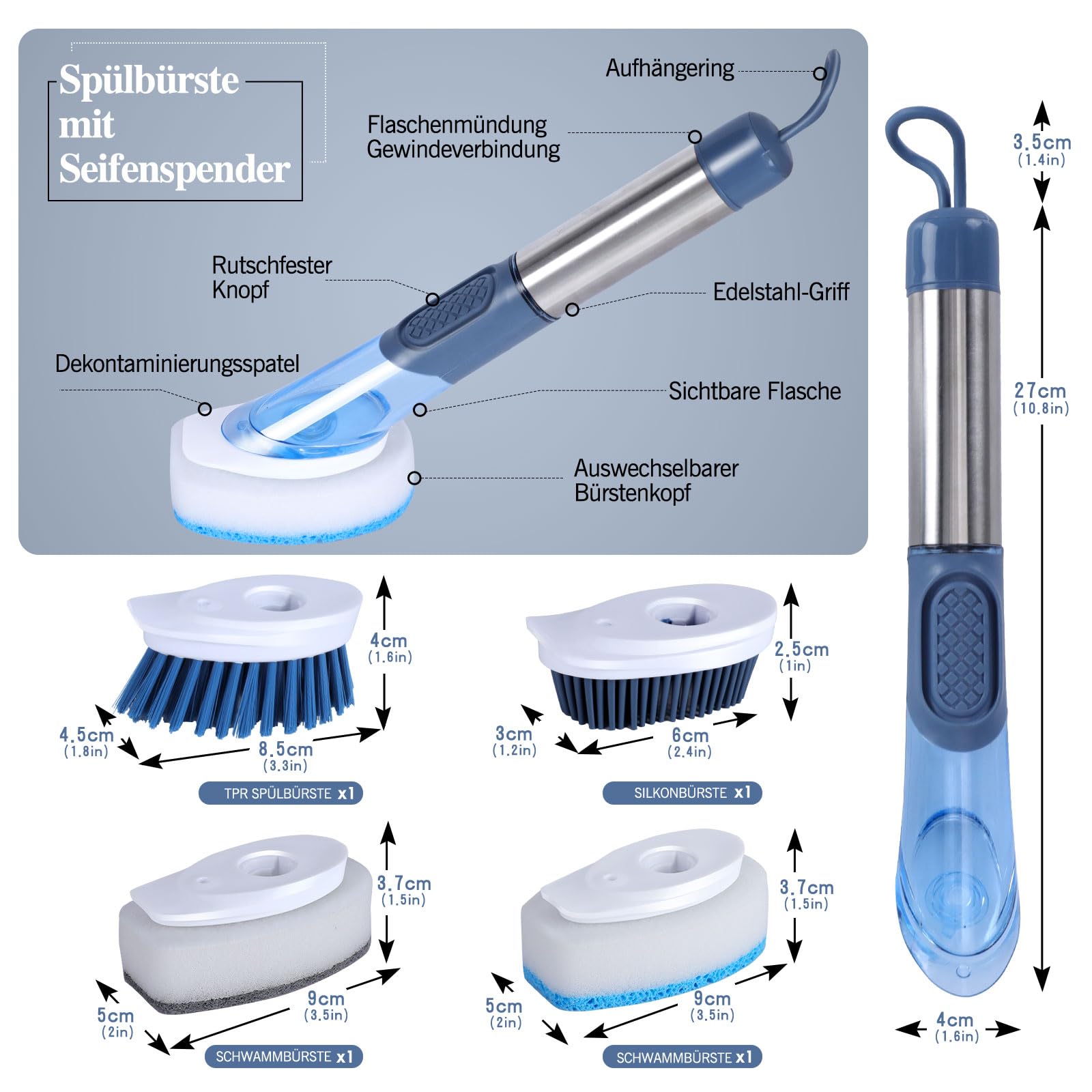 Masthome Spülbürste mit Spülmittelspender, Befüllbare Spülbürste, 4 Verschiedenen Ersatzköpfen, Multifunktional Küchenbürste Reinigungsbürste, Geschirrbürste für Geschirr, Töpfe, Spülen Reinigung 3