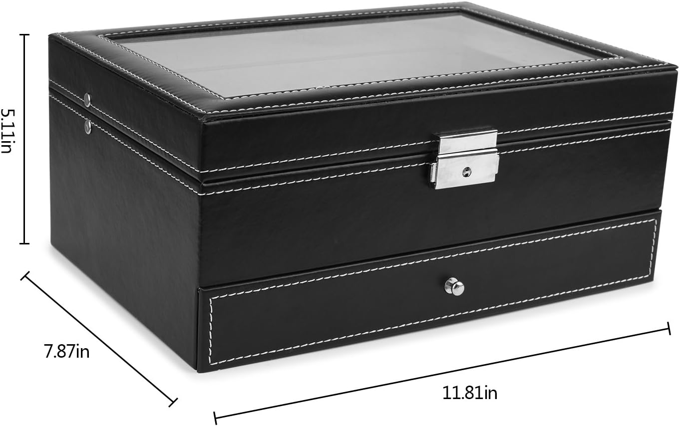 Watch Box, 12 Slots PU Leather Case Organizer with Jewelry Drawer for Storage and Display: Home Improvement