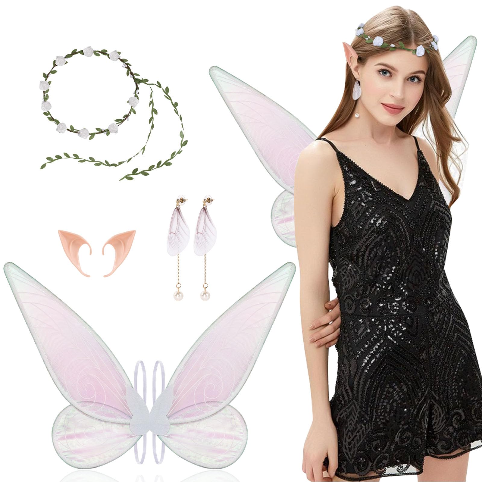 Aomig Fairy Wing, Butterfly Wings for Adults Women, Sparkling Sheer Wings with Flower Headband, Elf Ears and Earrings, Angel Wings Princess Fancy Dress Up Costumes for Halloween Party Cosplay