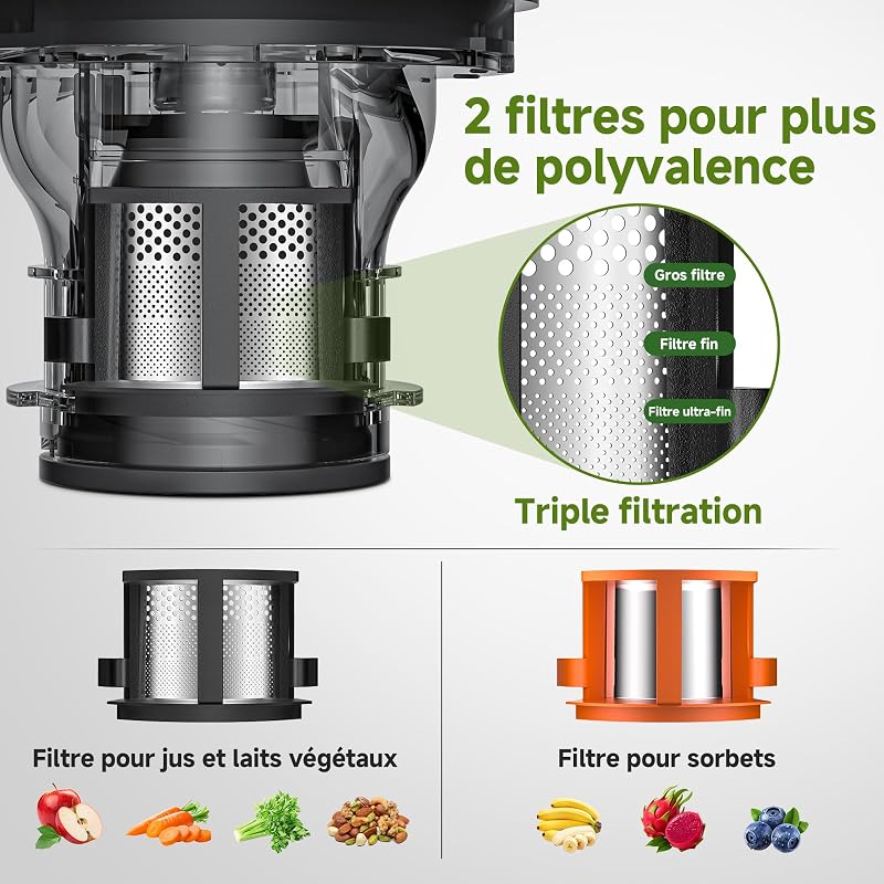 Extracteur de Jus, Fruits Entiers 155mm Large Goulotte, Extraction à Froid Haut Rendement, Facile à Nettoyer, 2,5L Séparateur, Jus du Matin, Petit Déjeuner Sain