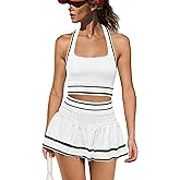 Yanekop Womens Tennis Skirt Set 2 Piece Workout Sets Golf Outfits Athletic Sets Cropped Tank Top and Skort with Shorts