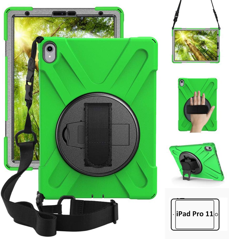 ZenRich New iPad Pro 11 Case,360 Degree Rotating Kickstand Dropproof Handstrap Shockproof Heavy Duty Cover Skin W/Shoulder Belt Harness for iPad Pro 11" Inch Tablet 2018 Release, Green