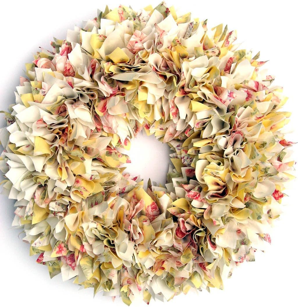 16" Yellow and Ivory Floral Fabric Wreath
