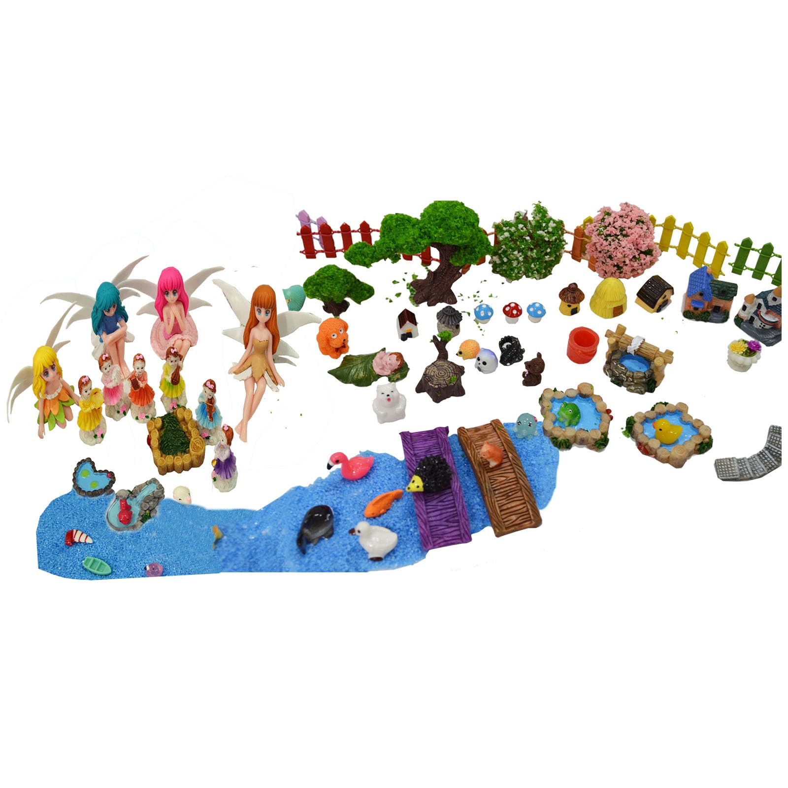 Photo 1 of 110 Pcs Fairy Garden Accessories Miniature Kit – Resin Music Fairy Figurines, Mini Animals, Fake Pond Bridge Trees Fence Blue Gravel for Terrarium, Micro Landscape, Outdoor Mini Garden Décor
