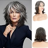 Wiwige Silver Gray Layered Mid - Length Wig for Women Curly Fluffy Wig with Bangs Synthetic Heat Resistant Halloween Cosplay Party Hair, Grey Mixed Brown