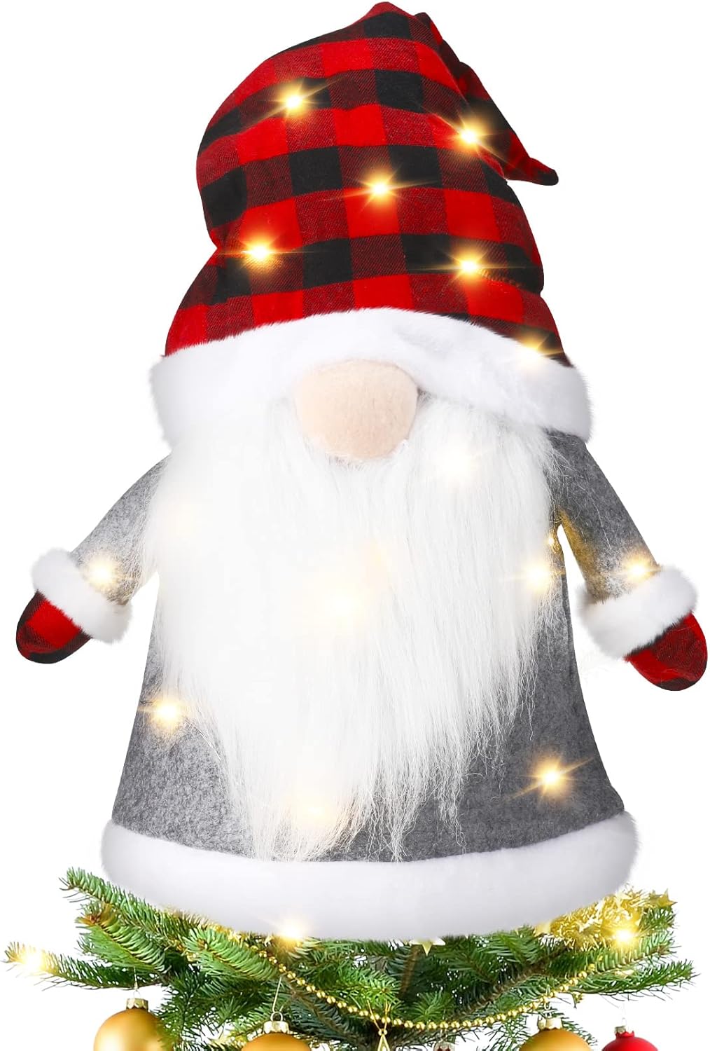 Tree Toppers - Lighted Christmas Tree Topper 25 Inch Large Buffalo Plaid Gnome Tree Topper with Lights Scandinavian Swedish Tomte Battery Operated Elf Christmas Decorations for Xmas Tree Home Decor (Black, Red)