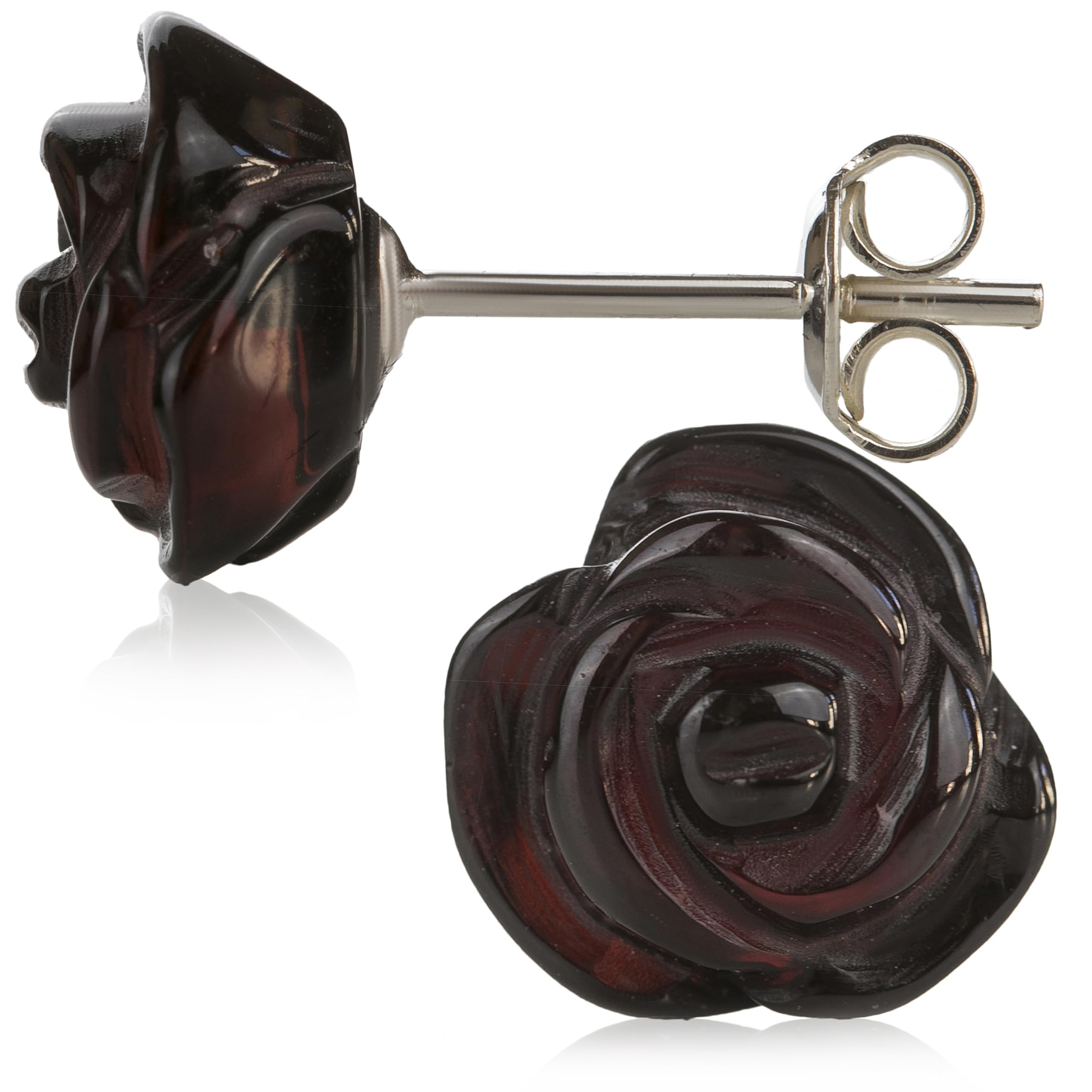 Amber Culture Amber Stud Rose Earrings - Carved from Natural Baltic stone in a Gift Box - 925 Sterling Silver (Dark Cherry)