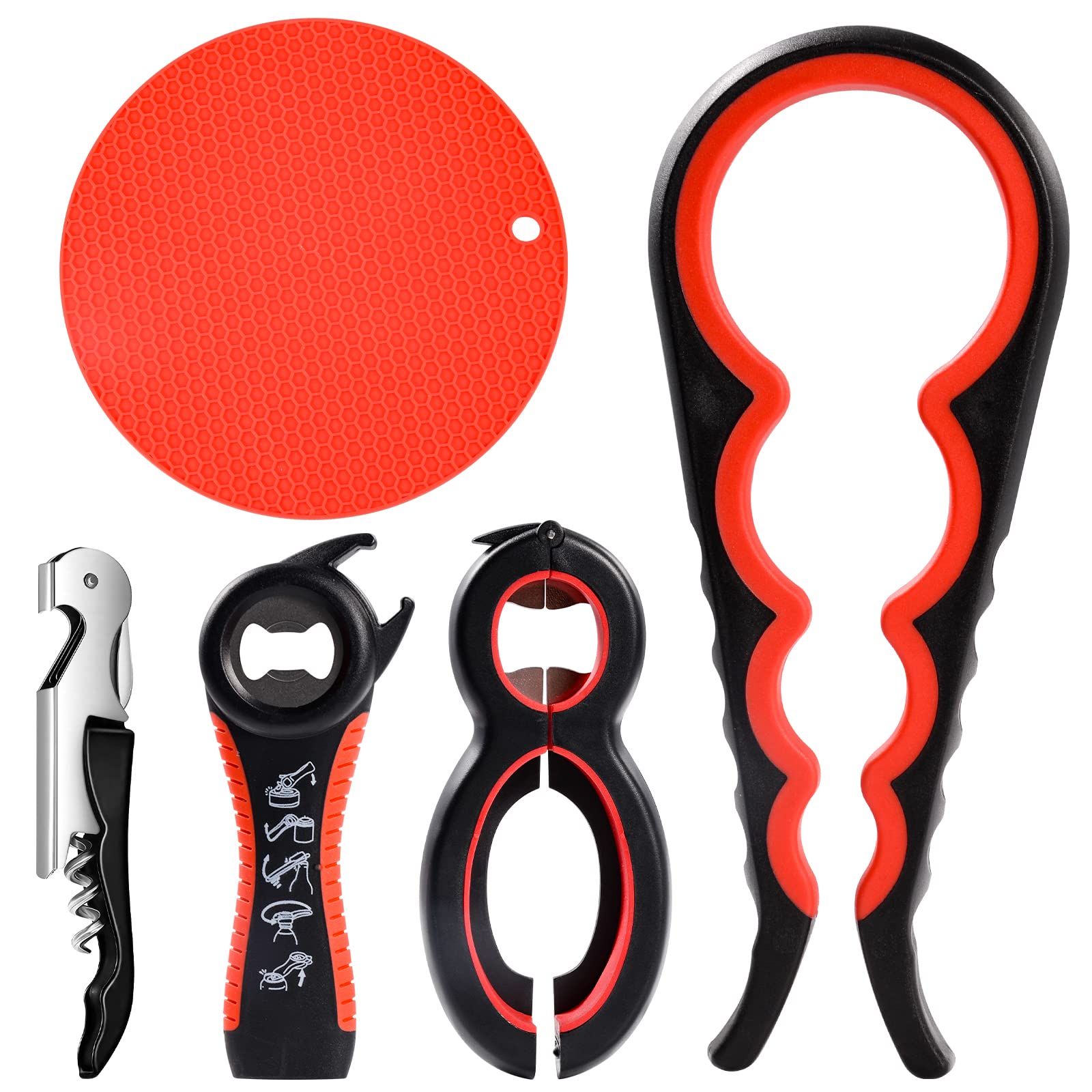 Jar Opener for Weak Hands - 5 Pack Bottle Openers for Arthritis, Can Openers for Arthritic Hands, Top Gadgets Disability Aids and Equipment for Kitchen (Red)