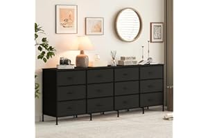 70 Inch Dresser for Bedroom, TV Stand for 65, 75, 80 Inch TV, 12 Fabric Drawer Long Dresser, Wide Chest of Drawer with Storag