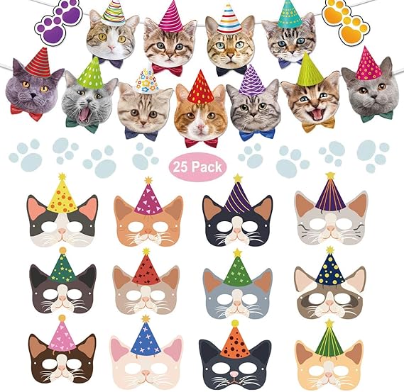 Amazon Co Jp Trentixel 猫マスク 子猫のマスク 猫 誕生日バナー 子猫 猫 マスク 誕生日パーティー コスチューム 子供用ドレスアップ カラフルなバンティング デコレーション 猫 テーマパーティー 25個 服 ファッション小物