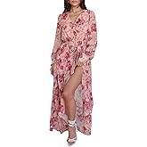 ANRABESS Women’s Long Sleeve Floral Maxi Dress Boho Flowy Wrap Slit V Neck Beach Fall Wedding Guest Party Vacation Dresses