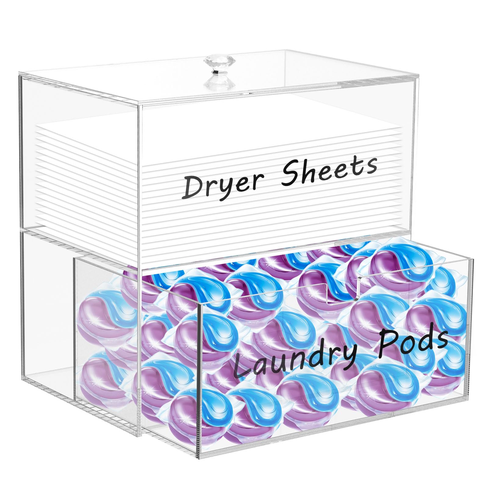 Foribyw Acrylic Dryer Sheet Container with Drawer and Lid, 2-Tier Dryer Sheet Holder Laundry Storage Container with 4 Label Decals, Clear Dryer Sheet Laundry Box for Dryer Balls Clothes Pins