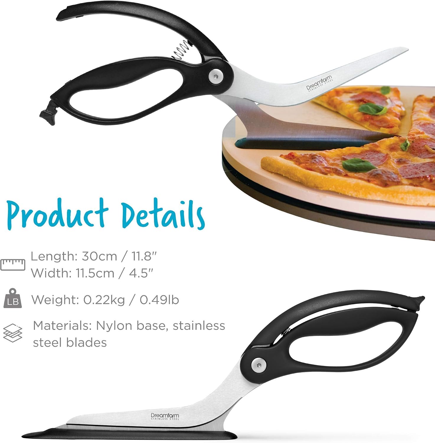 Dreamfarm Scizza 2-in-1 Easy Ergonomic Pizza Scissors with Stainless Steel Pizza Cutter Blades & Non-Stick Slice Server - Black - Image 4