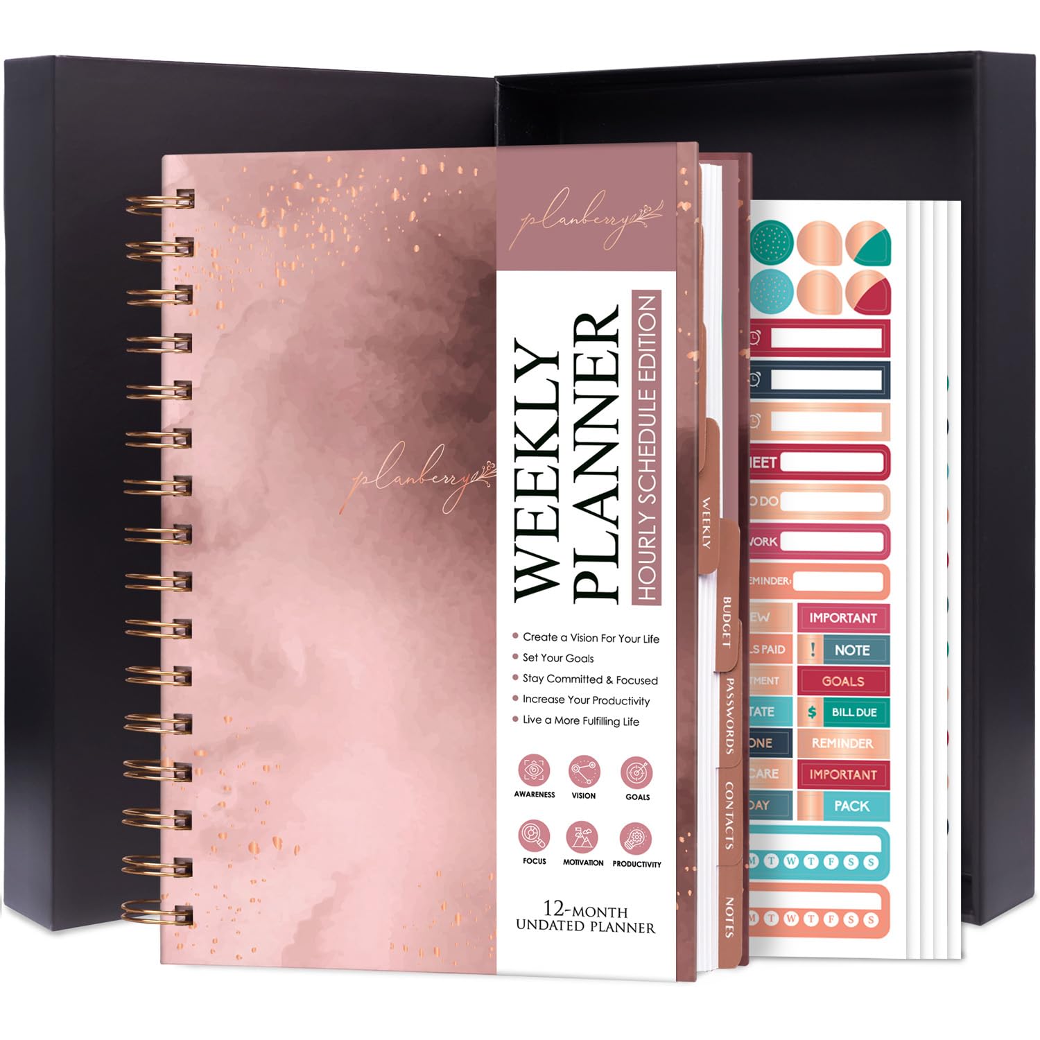 PLANBERRY Hourly Schedule Planner Premium – Undated Journal with Time Slots for Productivity & Budget Organizer, 17.5x21.6cm (Rose Gold)