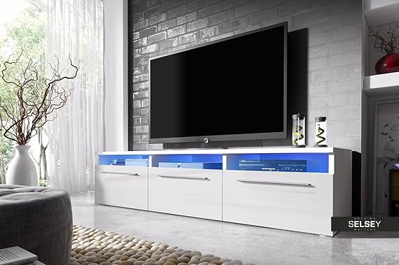 Lavello – TV Lowboard Fernsehschrank / TV Schrank mit LED in Blau (150 cm, Weiß Matt / Weiß Hochglanz)