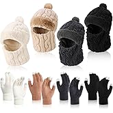 Cutecrop 8 Pcs Winter 3 in 1 Hat Scarf Mask & Gloves Set for Women Touchscreen Knit Gloves Plush Earmuff Ski Mask Balaclava Hat with Pompom for Cold Weather