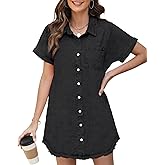 Yewfirm Denim Dress for Women Midi Jean Shirt Dresses Button Down Short Sleeve Summer Womens Jeans Babydoll Pockets