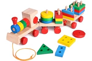 FUN LITTLE TOYS Stacking Train, Shape Sorter Wooden Toys(23 pcs), Sorting & Stacking Toys for Toddler 2-3, Montessori Toys for 1 2 3 Year Old Boy Girl Gifts, Kids Wooden Train Toy