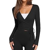IWD Women's Long Sleeve Wrap Top Cropped Pilates Ballet Shrug | Deep V-neck surplice, side-tie closure — no gaping. Angled hem, ruched detail, buttery-soft matte knit