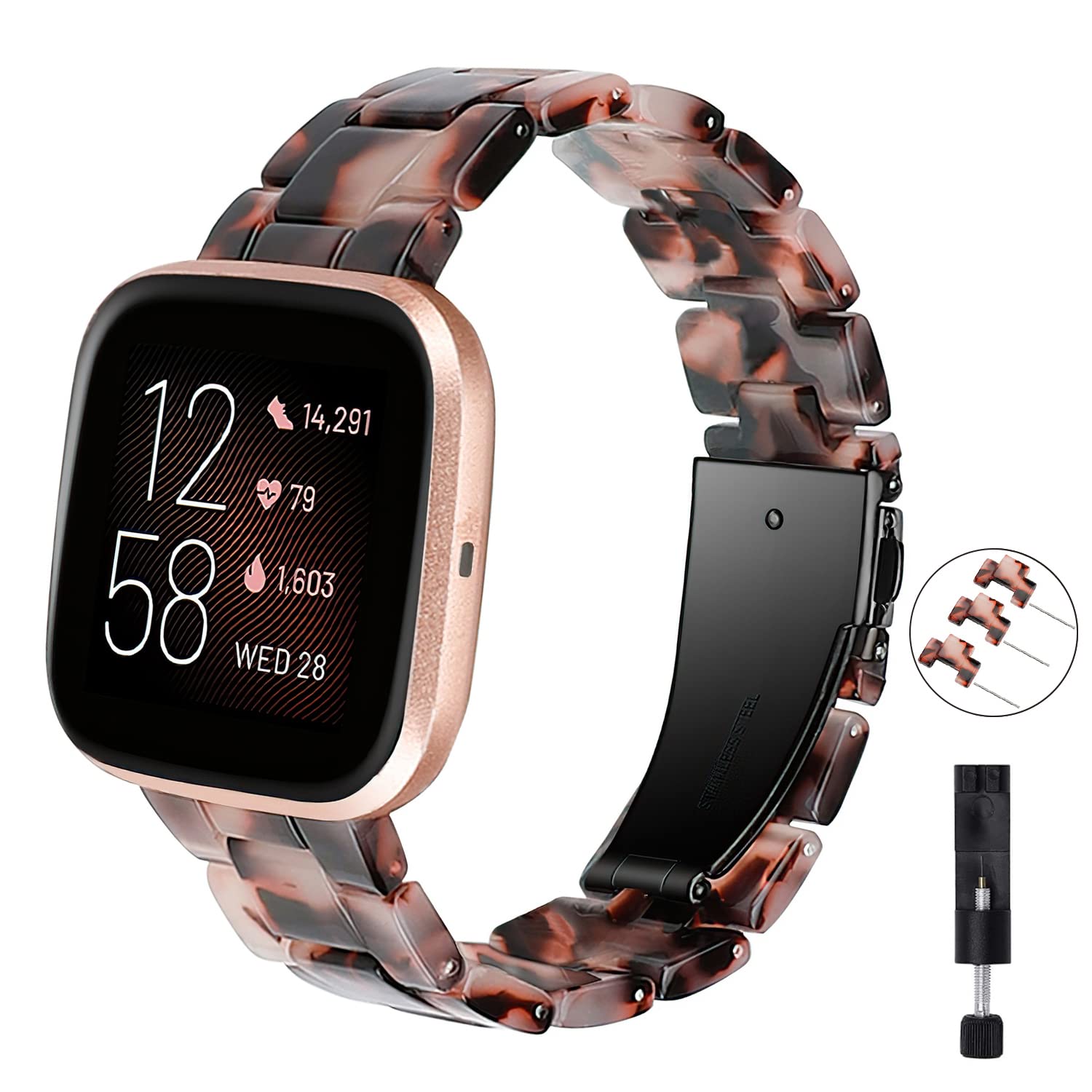 TOYOUTHS Resin Strap Compatible with Fitbit Versa/Versa 2/Versa Lite/Versa SE, Lightweight Bracelet Replacement Strap with Stainless Steel Quick Release Clasp Women Men, Grey Black — image 1