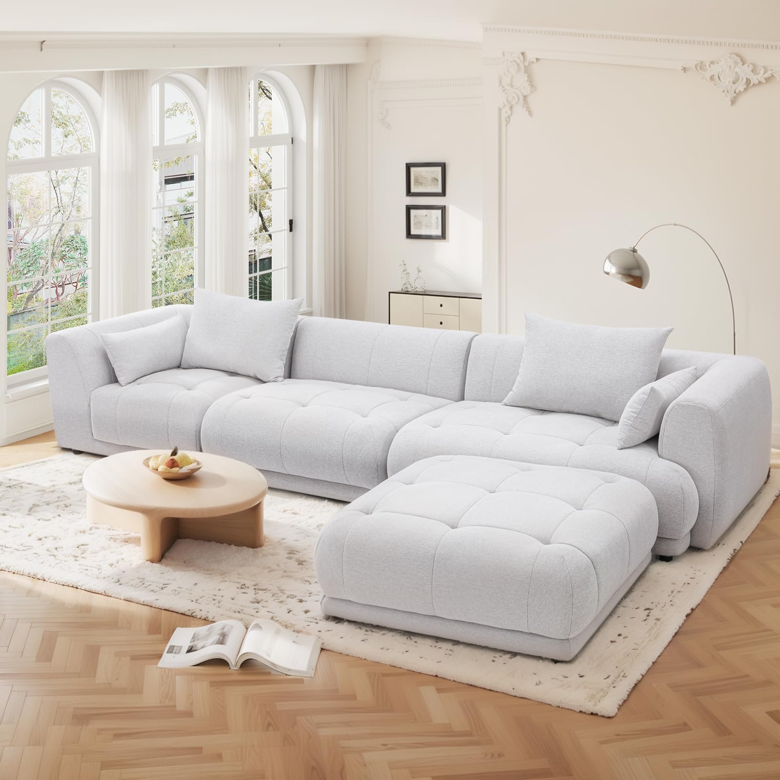 COLAMY 144″ Cloud Sectional Couch with Ottoman,Modular Sectional Sofa with 3 Large Seat and 1 Ottoman for Living Room, Chenille, Gray