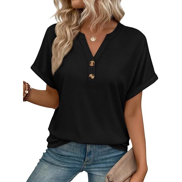 casual dress tops for women ANRABESS Womens Short Sleeve Henley Tops V Neck Dressy Casual Blouses  Summer Trendy Tee Shirts 2026 Vacation Fashion Clothes Black XS at Amazon Women's  Clothing store