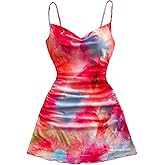 BEAUDRM Women's Y2k Floral Mini Dress Summer Beach Vacation Dress Mesh Ruched Spaghetti Strap A Line Sundress