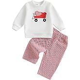 DSOKUHIB Toddler Baby Girl Boy Valentines Outfit Heart Embroidered Long Sleeve Sweatshirt Plaid Pants Set 2Pcs Clothes