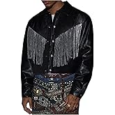 BEAUDRM Men's Fringe Trim Jackets Zip Up Long Sleeve Sequin Regular Fit Spring Fall Coats