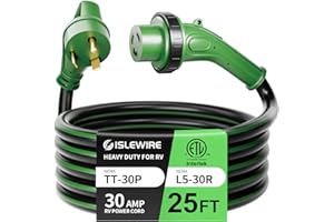 ISLEWIRE 30 Amp 25 Feet RV Power Cord, Heavy Duty 10 Gauge STW Cord with LED Power Indicator Twist Connector, NEMA TT-30P to L5-30R with Cord Organizer for RV Trailer Campers, Black&Green, ETL Listed