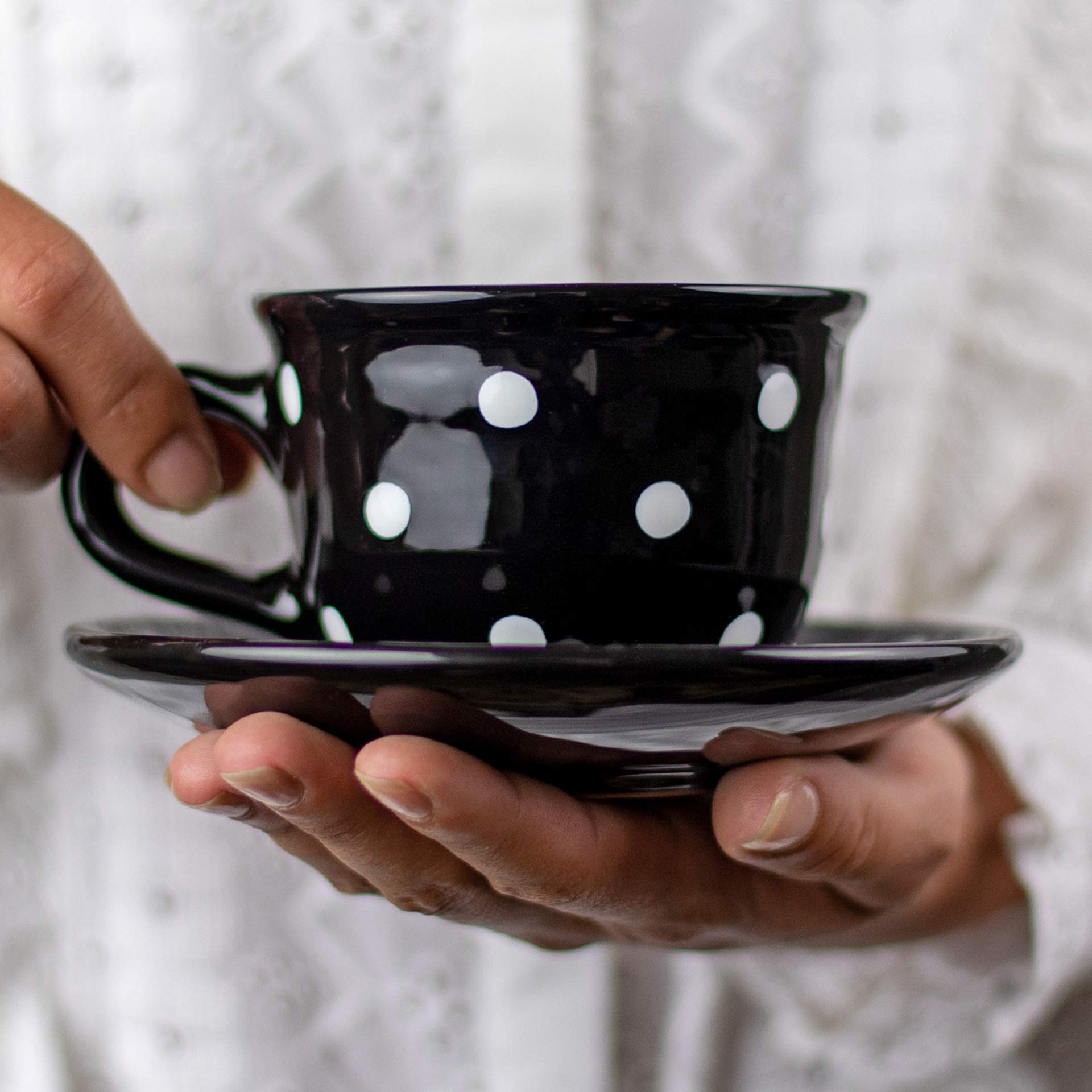 City to Cottage® Black & White | Polka Dot | Designer Handmade | Unique Ceramic 8.4oz/250ml | Cappuccino Coffee Tea Cup with Saucer | Gift