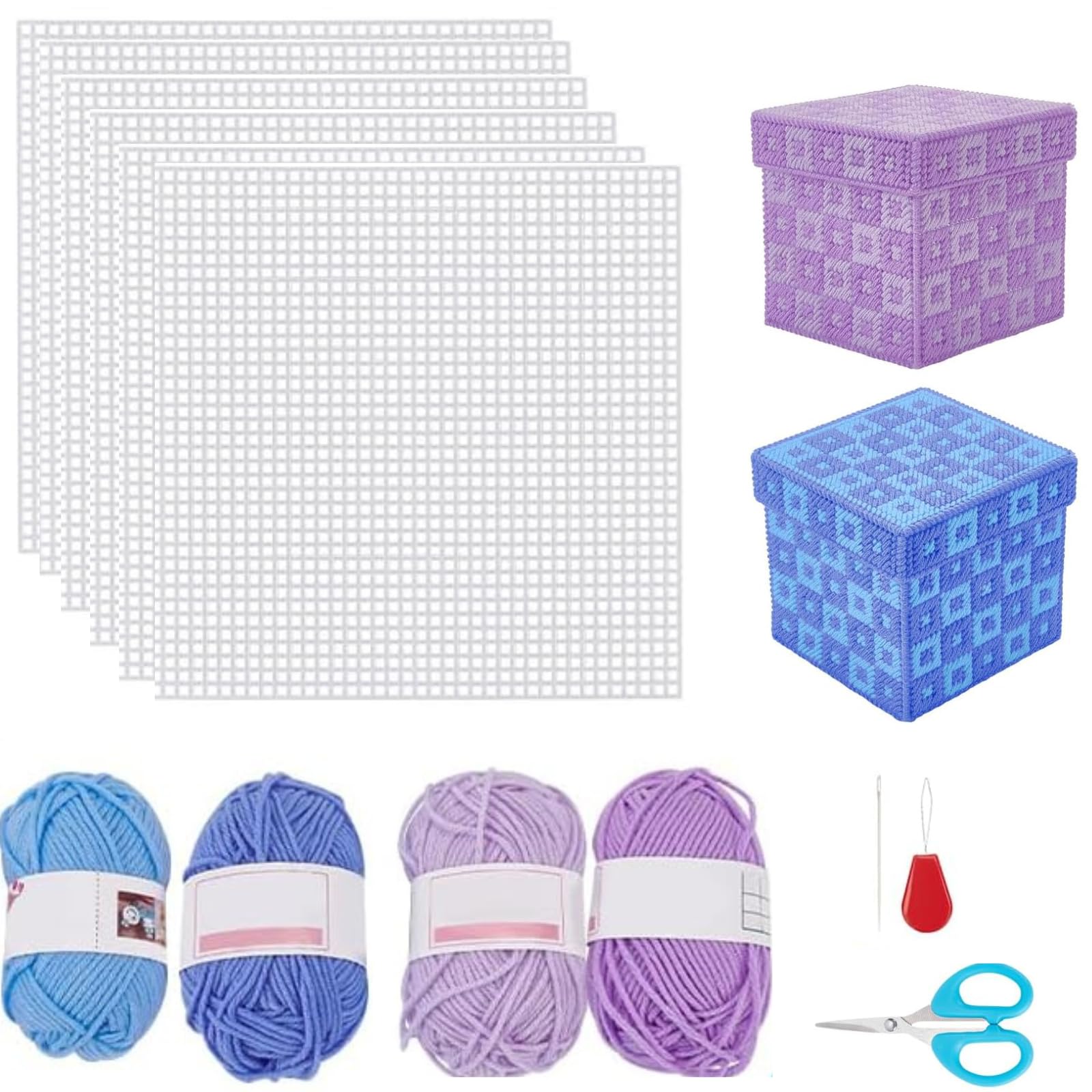 FREEBLOSS 2 Set Plastic Canvas Box Kit Cross Stitch Kit for Beginners Mesh Canvas Sheets and 4 Colors Yarn for Embroidery Crafting, Knitting Projects