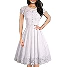 IHOT Women's Vintage Floral Lace Cap Sleeve Retro Swing Elegant Bridesmaid Dress. (Small, White)