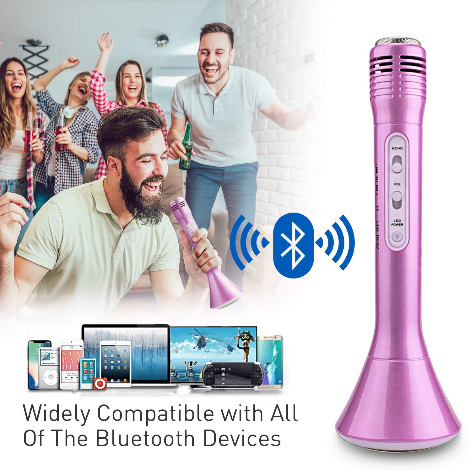 Micrófono Inalámbrico Portátil Bluetooth Altavoz Incorporado para Karaoke Batería de Compatible con PC/iPad/ iPhone/Smartphone