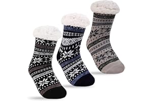 FENELY 3 Pairs Fuzzy Slipper Socks for Women Men, Winter Warm Soft Fleece Lined Non Skid