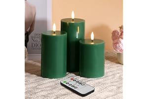 Eywamage Green Flameless Pillar Candles with Remote, Real Wax Flickering Battery LED Candles Set of 3