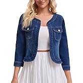 CIMUK Women's Denim Jacket Collarless 2026 Cardigan 3/4 Sleeve Jean Jackets